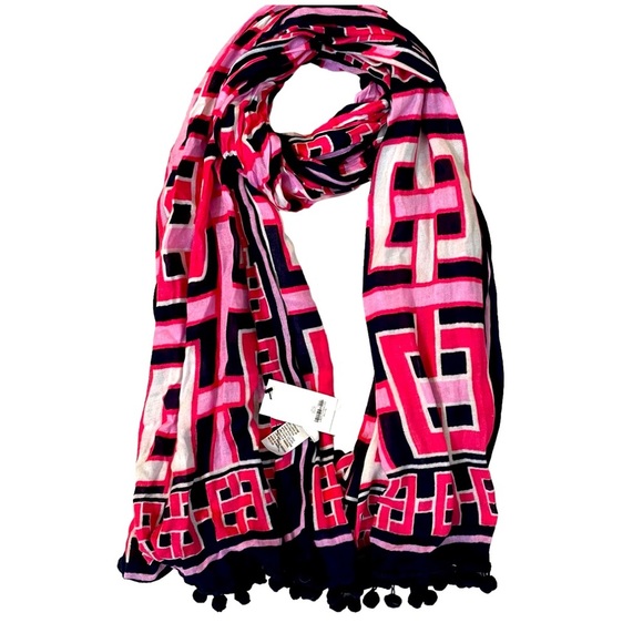 NWT Crown & Ivy Blue Pink Tassel Geometric Tassel Fringe Print Long Scarf - Picture 1 of 2